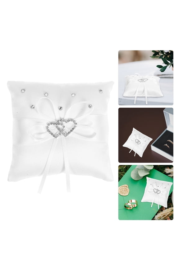 1Set Wedding Ring Pillow Bridal Square Satin Ribbon Rhinestones Ring Holder Page Boy 3.9x3.9x1.6In