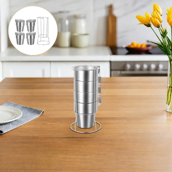 OUNONA 1Sets Insulated Stainless Steel Coffee Cups with Handle and Rack Stackable Camping Tea Mugs Silver