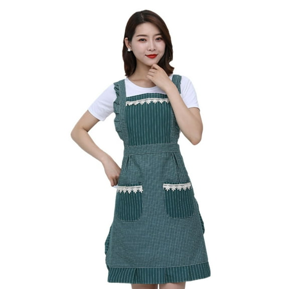 OUNONA 1Pc Cooking Cotton Aprons in Green with Long Waist Ties and Convenient Storage Pockets