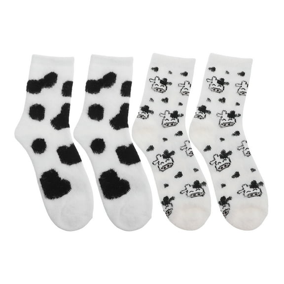 OUNONA 2 Pairs Plush Furry Cartoon Cow Socks for Women, Delicate Tube Socks with Cute Cow Design