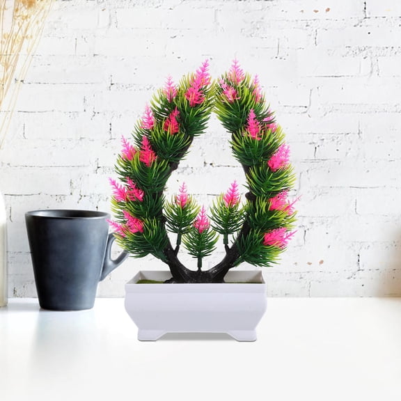 OUNONA Set of 2 Realistic Artificial Bonsai Trees in Red Pots, Decorative Fake Plants for Home, Office, PVC Material