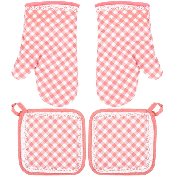 OUNONA Cooking Oven Glove Mitts Pink Thickened Cotton 2 Sets Heat Proof Gloves For Baking