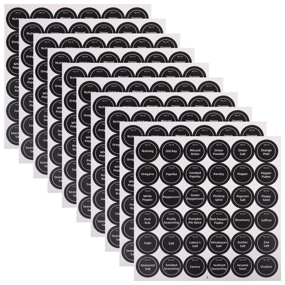 OUNONA Labels for Food Containers 20 Sheets Round Spice Jar Black Paper Waterproof Preprinted English Stickers