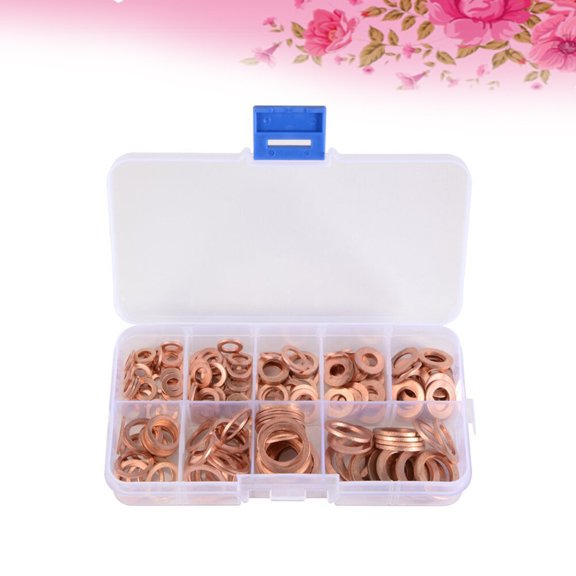 OUNONA 200Pcs Rose Plated Gold Flat Washers Copper Sealing Ring Set with Plastic Case