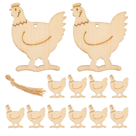 OUNONA 20PCS Creative Rooster Shape Hanging Wooden Slices Paintable Decorative Easter Wooden Pieces DIY Accessories Wooden Chips with Rope