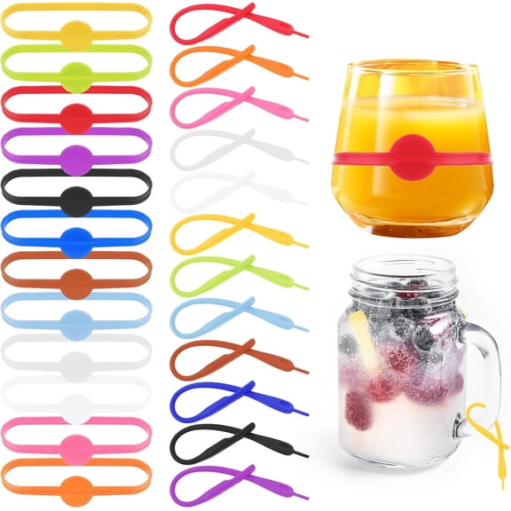 OUNONA 24pcs Reusable Silicone Drink Marker Bands Stretchable Cup and Bottle Tags for Glasses Mugs Beer Bottles
