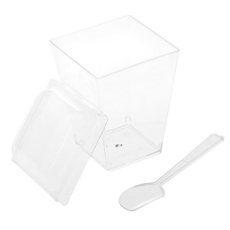 OUNONA 25 Sets 150ML Square Jelly Cup Lid Spoon Sets Mini Dessert Cups Mousse Cups Set for Cake Shop (Random Spoon Pattern)