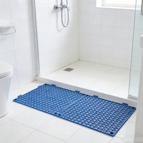 OUNONA 2Pcs Blue Modular Plastic Interlocking Floor Mat Drainage Tiles for Bathroom Shower Use