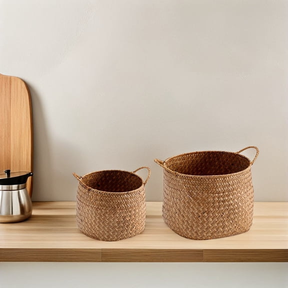 OUNONA 2Pcs Rustic Hand Woven Storage Basket Light Brown Breathable Organizer for Daily Essentials
