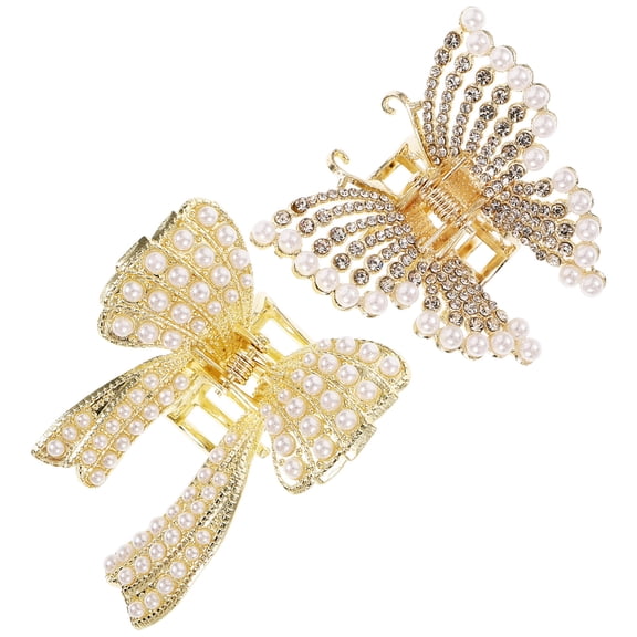 OUNONA 2Pcs Butterfly Bowknot Hair Claw Clips in Plated Gold with Decoration