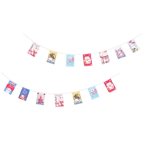 OUNONA 2Pcs Japanese Lucky Cat Hanging Banner Polyester String Flags for Party Decor
