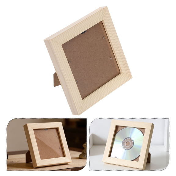 OUNONA 2Pcs Khaki Wood Cd Organizer Stand and Rustic Picture Frame for Home Wall Decor