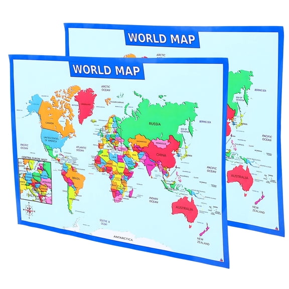 OUNONA 2Pcs Laminated World Map Posters Multi Colored for Home Wall Decor Easy to Read Geography