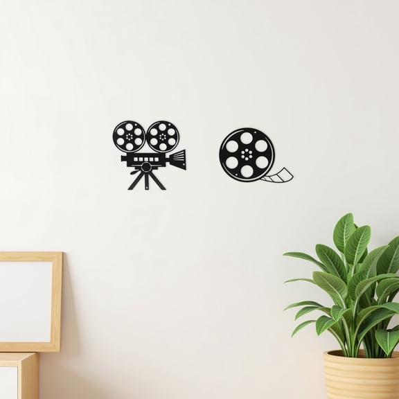OUNONA 2Pcs Retro Black Metal Movie Projector Wall Decor Film Reel Hanging Ornaments