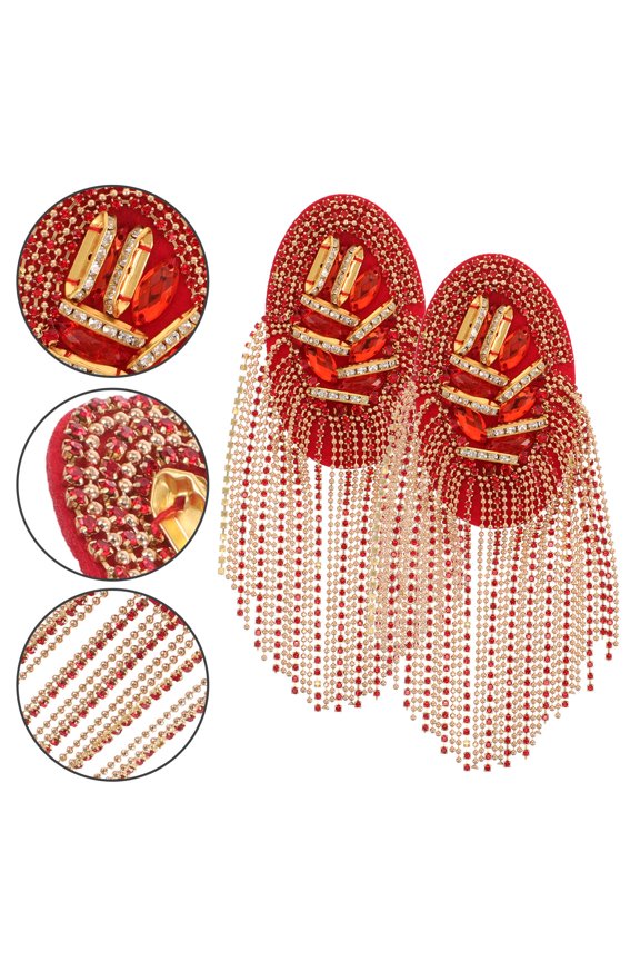 2Pcs Red Beaded Sequins Patch with Metal Tassel Chain Epaulette for Jackets Suits and Clothing Accessories