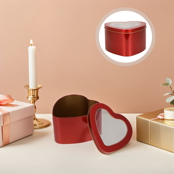 OUNONA 2Pcs Red Metal Heart Shaped Tins with Clear Window for Versatile Storage and Display
