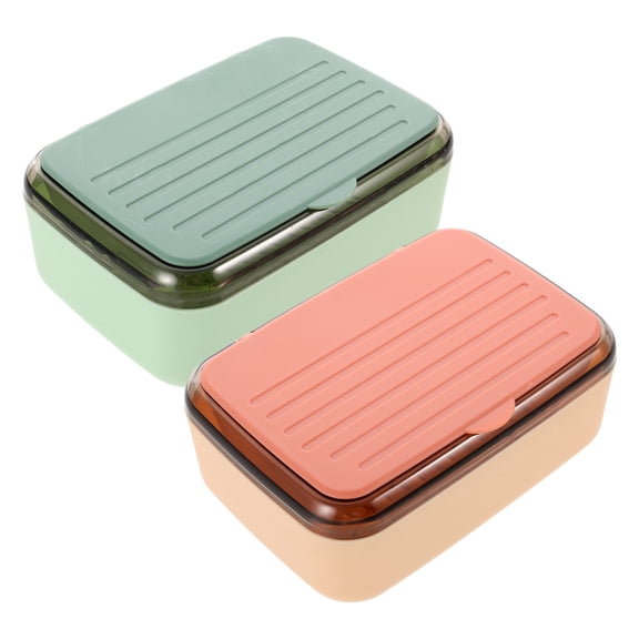 OUNONA 2Pcs Self Draining Soap Dish Plastic Double Layer Soap Box with Lid for Bathroom Use