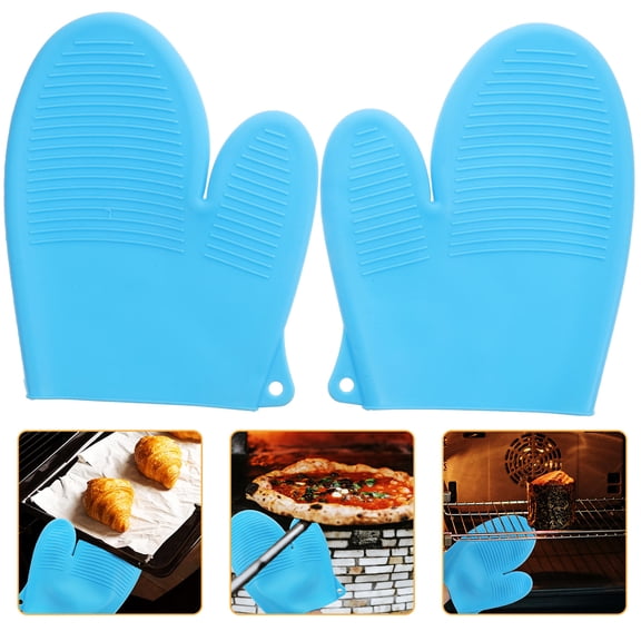OUNONA 2Pcs Silicone Mitts Heat Resistant Anti-Scald Anti-Skid Kitchen Use Oven Mitts(Candy Blue)