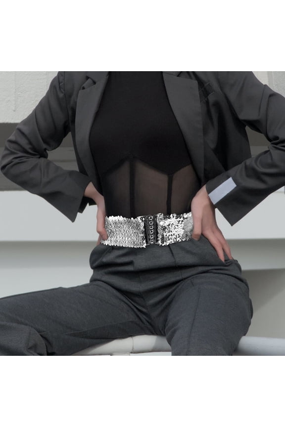 2Pcs Women Glitter Wide Waist Belt Sequin Fabric Adjustable Fit For Dance Performance