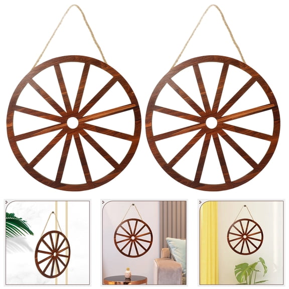 OUNONA 2-Pack Wooden Wagon Wheel Wall Decor, Vintage Light Brown Wood Art for Living Room, Garden, Office Decoration