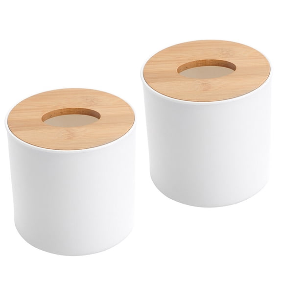 OUNONA 2-Pack Round White Tissue Boxes with Wooden Lids, Lightweight Tissue Holders for Home and Office Use