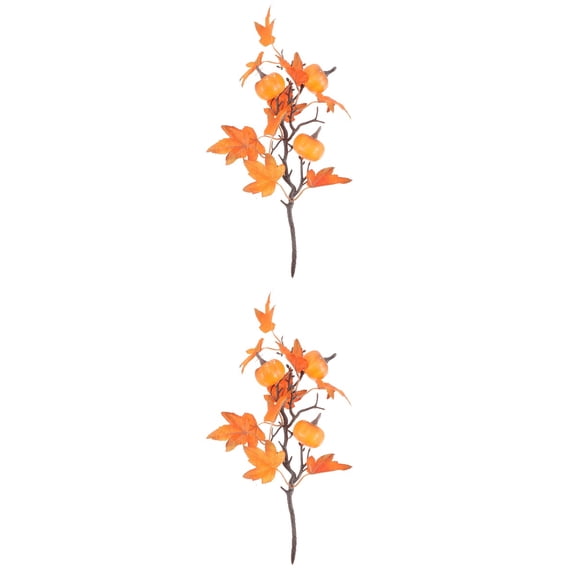 OUNONA 2pcs Artificial Fall Picks Fake Pumpkin Branches Maple Leaves Decor for Autumn Thanksgiving