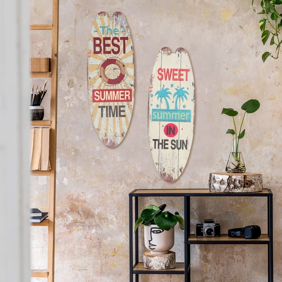 OUNONA Set of 2 Vintage Wood Surfboard Wall Signs for Bar, Porch, Beach Decor