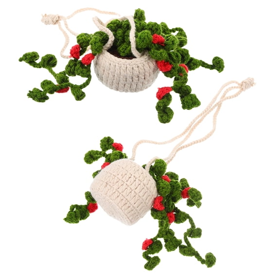 OUNONA 2pcs Boho Car Interior Decor Crochet Plant Hanging Accessories for Rear View Mirror Handmade Knitted Car Mirror Ornament