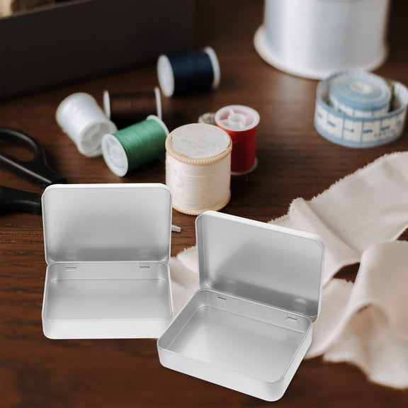 OUNONA Tinplate Organizer Plated Silver Metal Hinged Box for Jewelry Keepsakes Storage 2Pcs