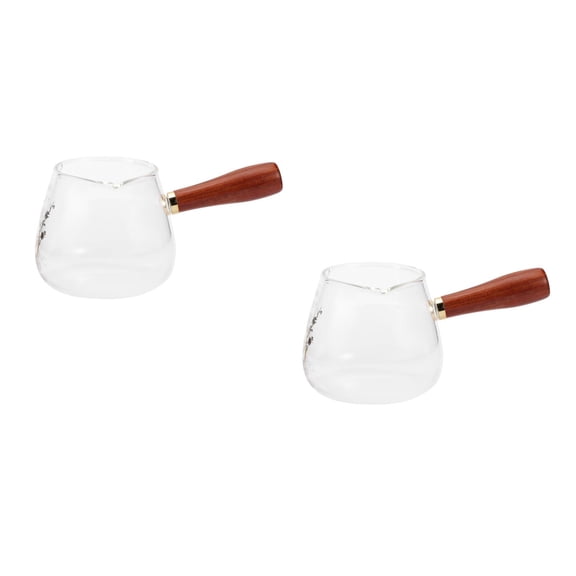 OUNONA 2pcs Glass Cup Jug with Wood Handle Pitcher Shot Glasses Heat Resistant Glass Creamer Coffee Frothing Pitcher Cappuccino Latte Steam Pitchers 350ml