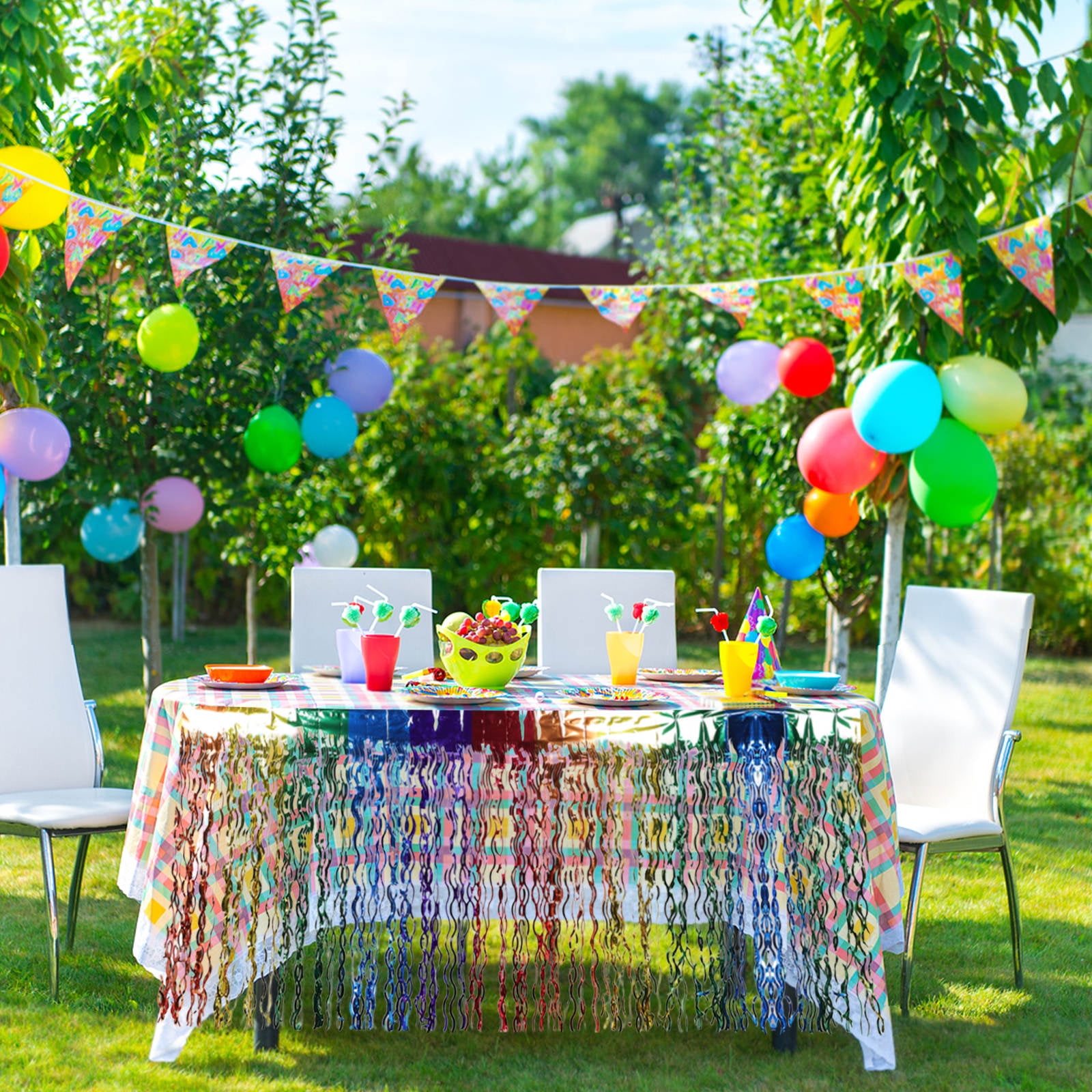 OUNONA 2pcs Rainbow Unicorn Table Skirt With Metallic Tinsel Fringe For Birthday Wedding Party Decorations Graduation Parade Float Thanksgiving
