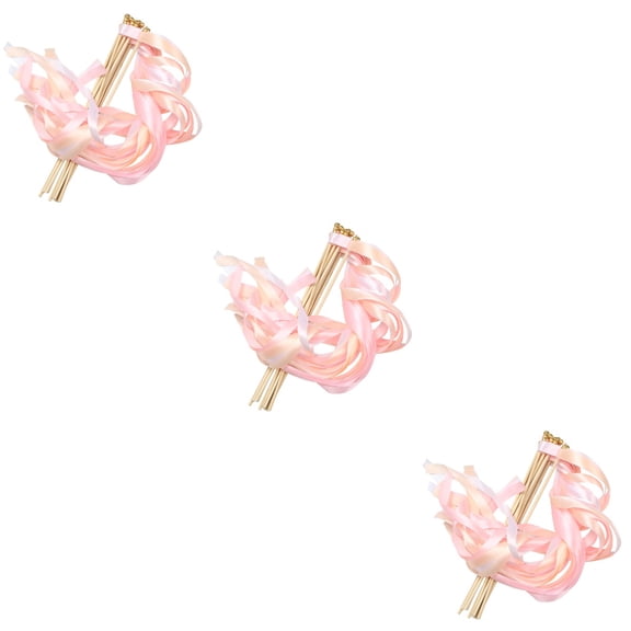 OUNONA 30 pcs Pink Wedding Delicate Ribbon Streamers Fairy Stick Cheer Props Party Supplies Favors With Golden Bell