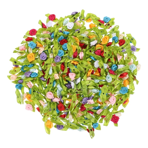 OUNONA 300 Pieces Small Satin Ribbon Roses in Multicolor with Green Leaves for Crafting, , Floral Arrangements and Decorations