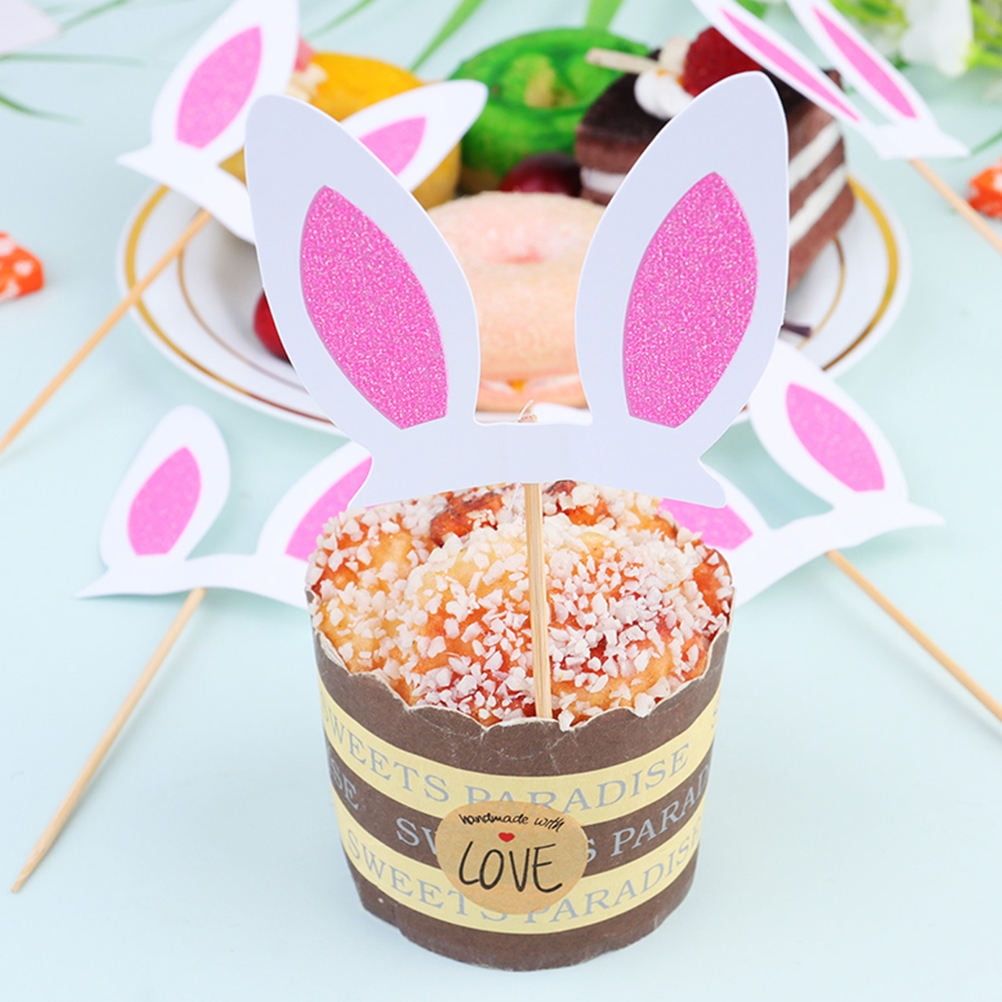 OUNONA 30Pcs Pink Bunny Ear Cake Toppers for Easter Party Decoration Made of Synthetic Material