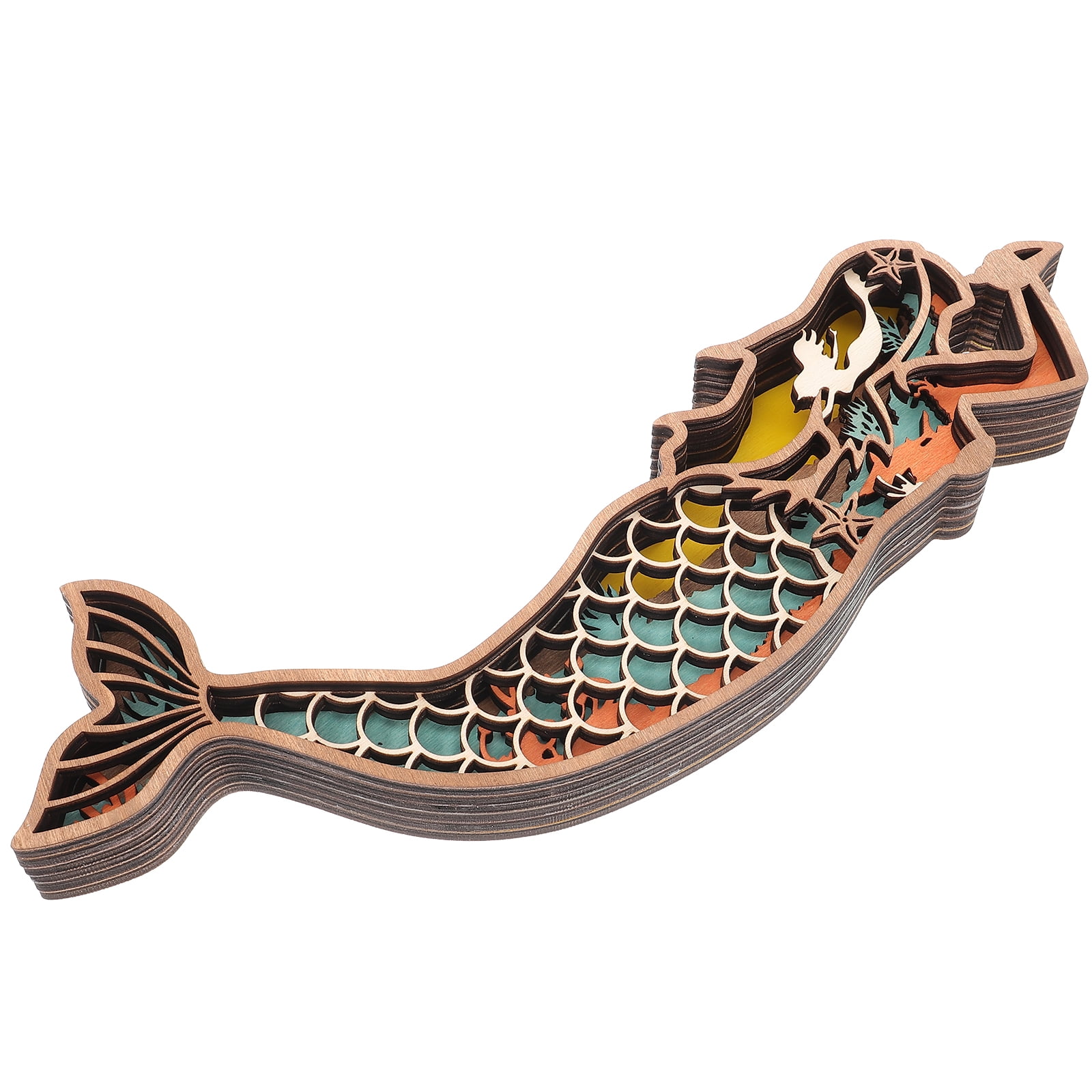 OUNONA 3D Wood Carving Mermaid Wooden Carving Mermaid Ornament Multi ...