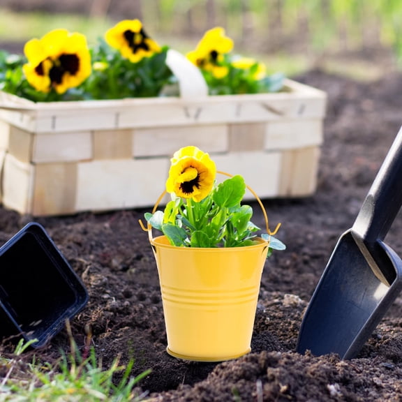 OUNONA Set of 3 Rustic Yellow Tin Flower Buckets for Garden, Patio, and Home Decoration Accents