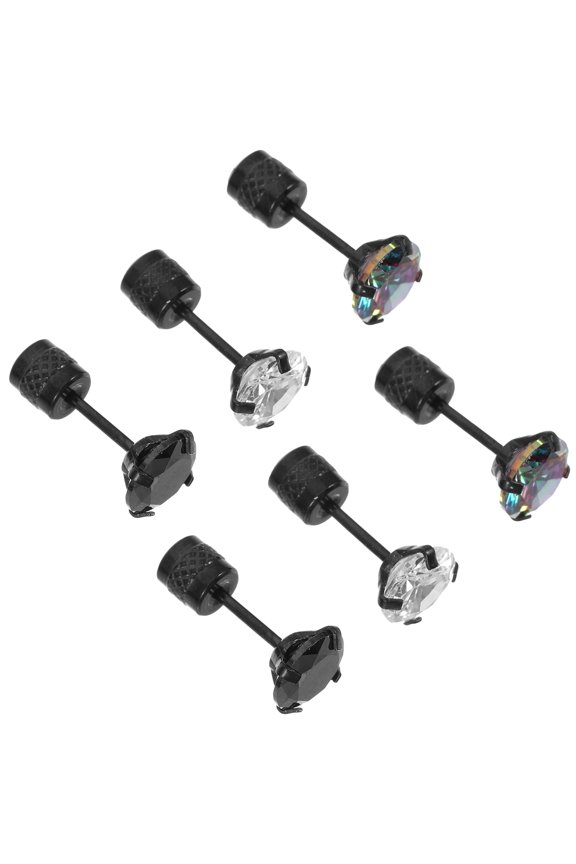 3Pairs Mens Ear Studs with Assorted Color Cubic Zirconia and Titanium Steel