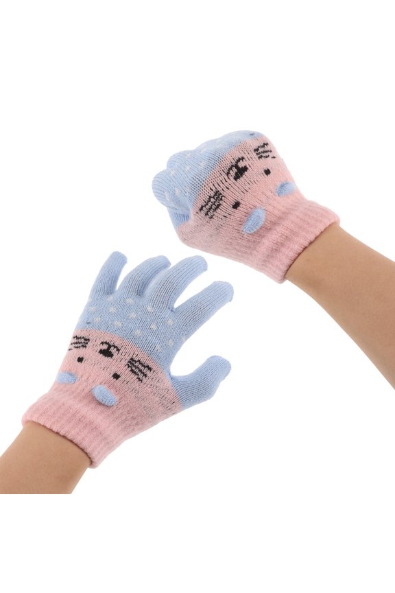 Cute Cat Design Knitted Mittens Full-Finger Flexibility Winter Warmth Outdoor Use 3Pairs