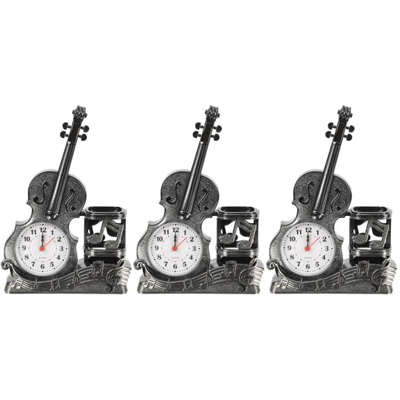 OUNONA 3pcs Violin Figurine Tabletop Violin Clock with Pen Holder Violin Model Ornament Kids