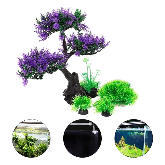 OUNONA 4 Pcs Simulated Water Plants Set Fish Tank Decorations Ornament Bowl Purple