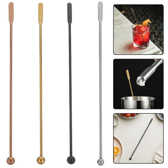 OUNONA 4Pcs Stainless Steel Reusable Cocktail Swizzle Sticks with Rectangular Beverage Paddles