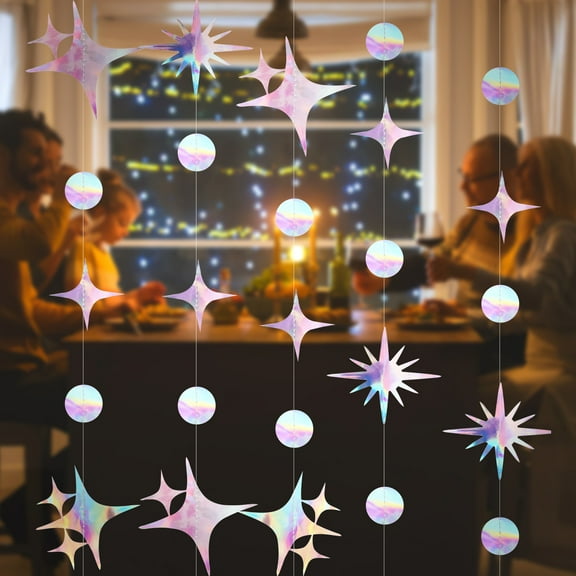 OUNONA 4pcs Iridescent Streamer Garland Star Circle Dot Garland Party Hanging Decorations For Birthday Wedding New Year Parties 3