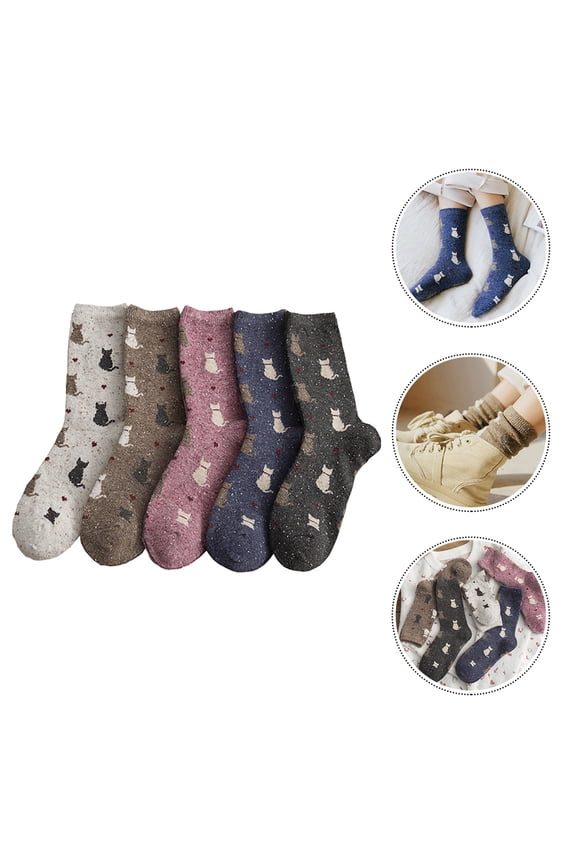 5 Pairs of Warm Long Socks Wool Vintage Design Comfortable Women 36x9in
