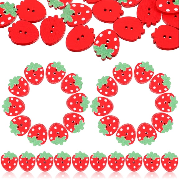 OUNONA 50 pcs Wooden Sewing Buttons Double Holes Buttons DIY Sewing Buttons Strawberry Buttons