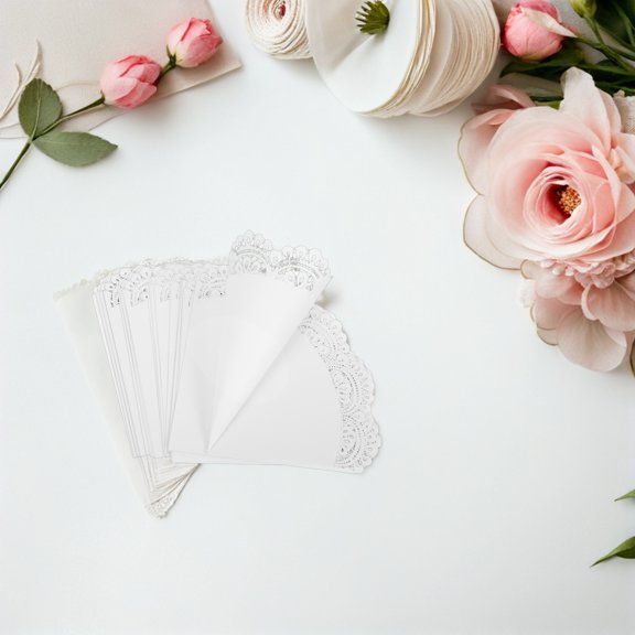 OUNONA 50Pcs Wedding Confetti Cone Holders with Elegant Hollow Floral Design White Paper Flower Toss Cones