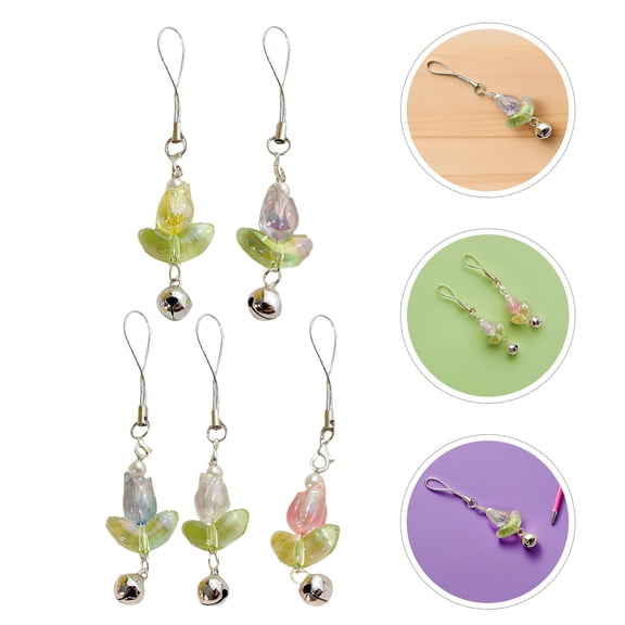 OUNONA 5pcs Tulip Flower Phone Charm Chain Acrylic Metal Pendant with Bell