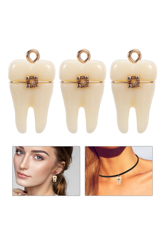 5Pcs Resin Tooth Pendant Charms with Brace Beige Realistic Tooth Jewelry Making Supplies