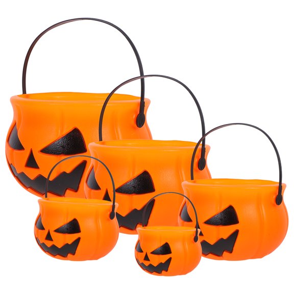 OUNONA 5Pcs Reusable Pumpkin Candy Buckets with Handles, Portable Trick or Candy Containers for Kids Parties