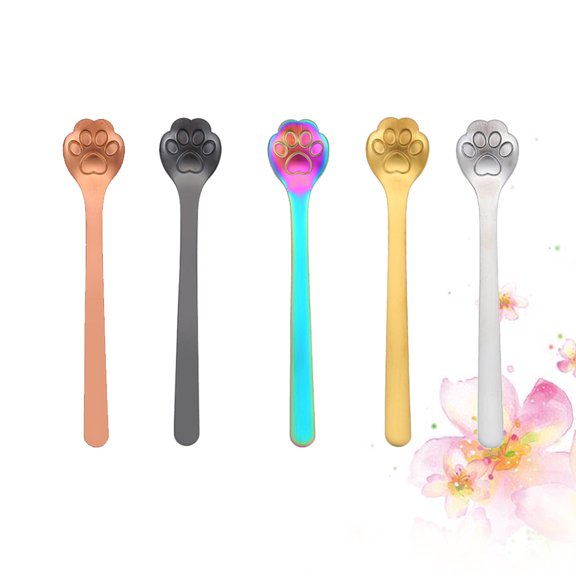 OUNONA Set of 5 Black Stainless Steel Cat Paw Condiment Spoons for Tableware and Kitchen Use
