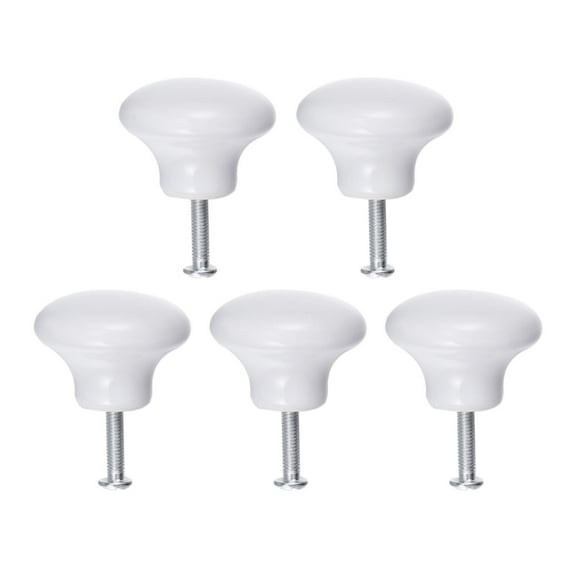 OUNONA 5pcs Durable Round Ceramic Kitchen Cupboard Cabinet Drawer Door Knobs Pull Handles - Size S (White)